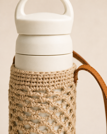 Crochet Cotton and Leather Water Bottle Holder Village Thrive