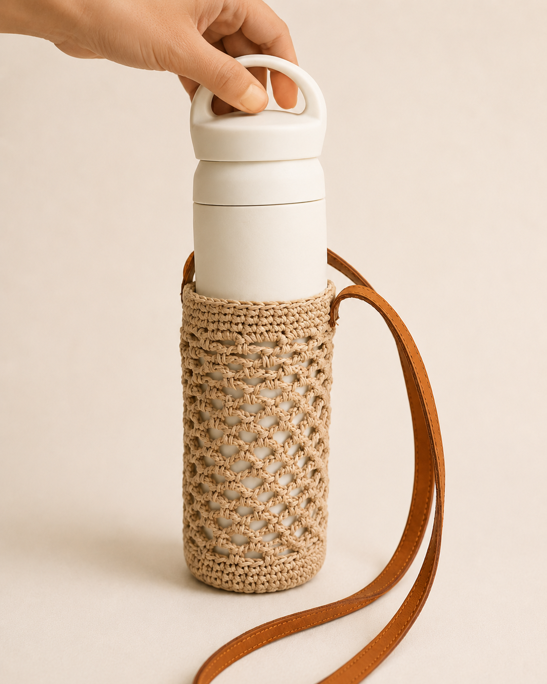Crochet Cotton and Leather Water Bottle Holder Village Thrive