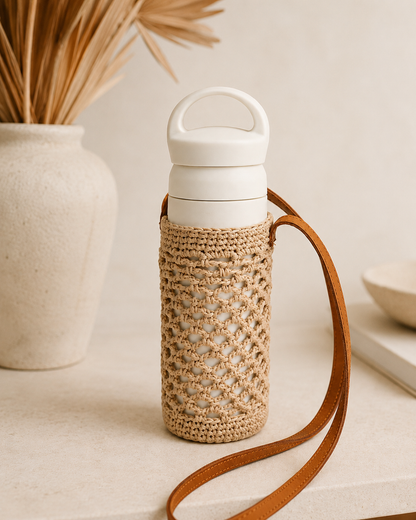 Crochet Cotton and Leather Water Bottle Holder Village Thrive