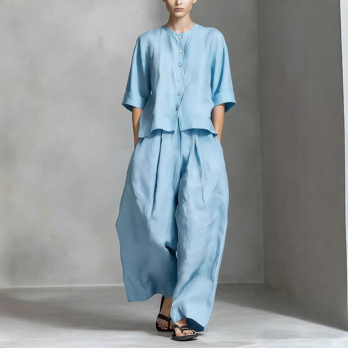 Three-Quarter Sleeve Shirt & Loose Trousers Two-Piece Set FitiqueFit
