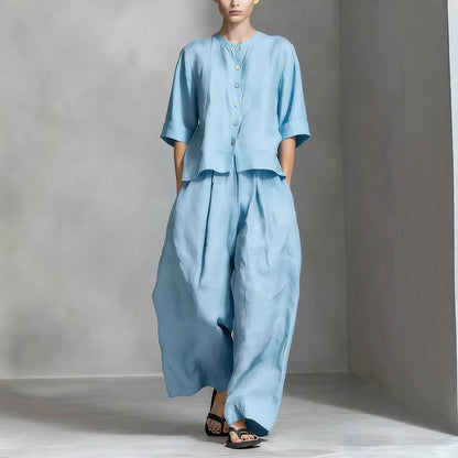 Three-Quarter Sleeve Shirt & Loose Trousers Two-Piece Set FitiqueFit
