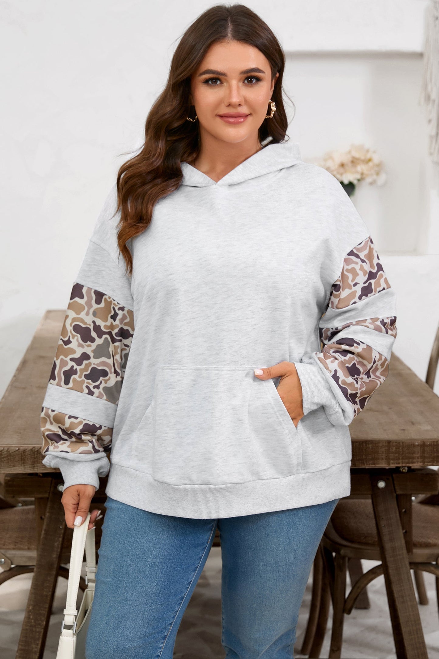 Light Grey Camouflage Patchwork Asymmetric Sleeve Plus Size Hoodie Garden Naked Curves
