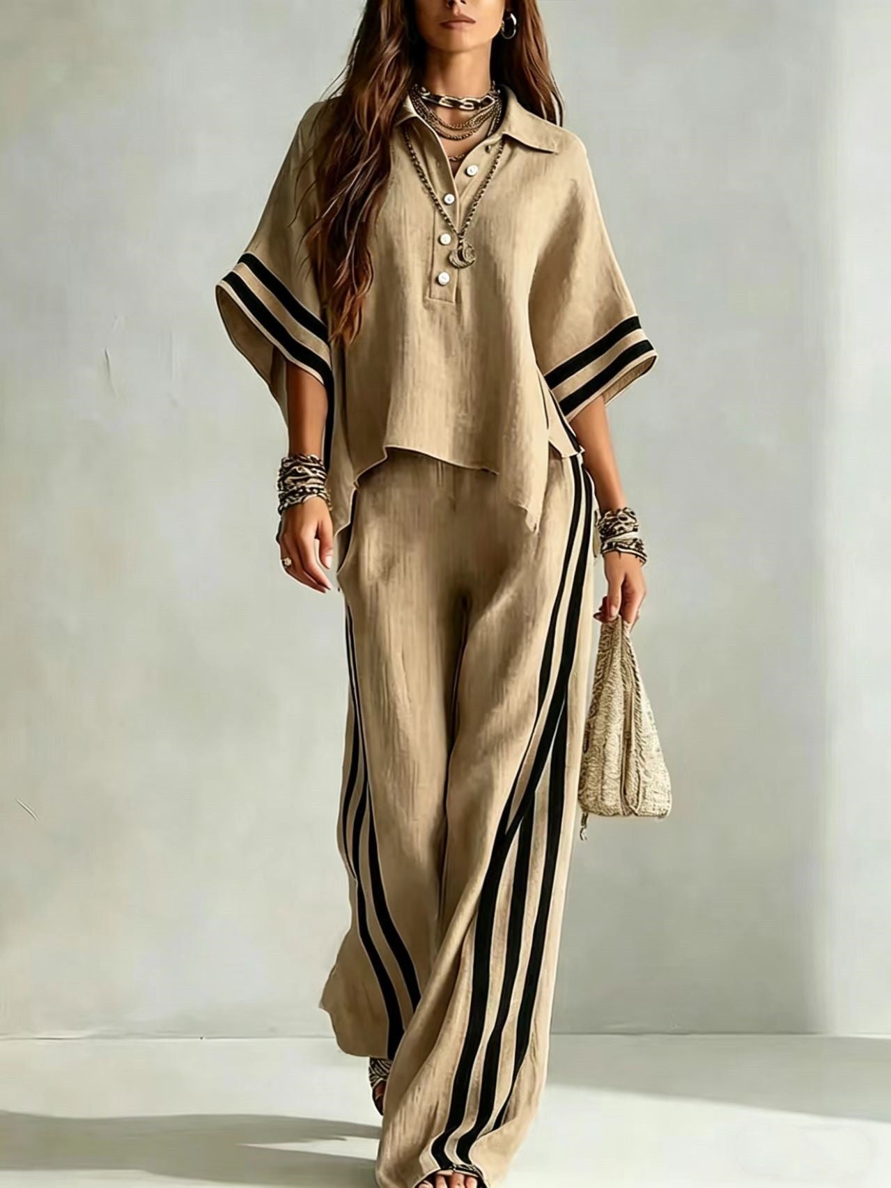 Women's Short-Sleeve Shirt & Loose Pants Two-Piece Set FitiqueFit