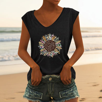 Women's V-Neck Printed Short Sleeve Loose Top – 14 Colors S–4XL FitiqueFit