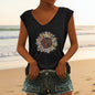 Women's V-Neck Printed Short Sleeve Loose Top – 14 Colors S–4XL FitiqueFit