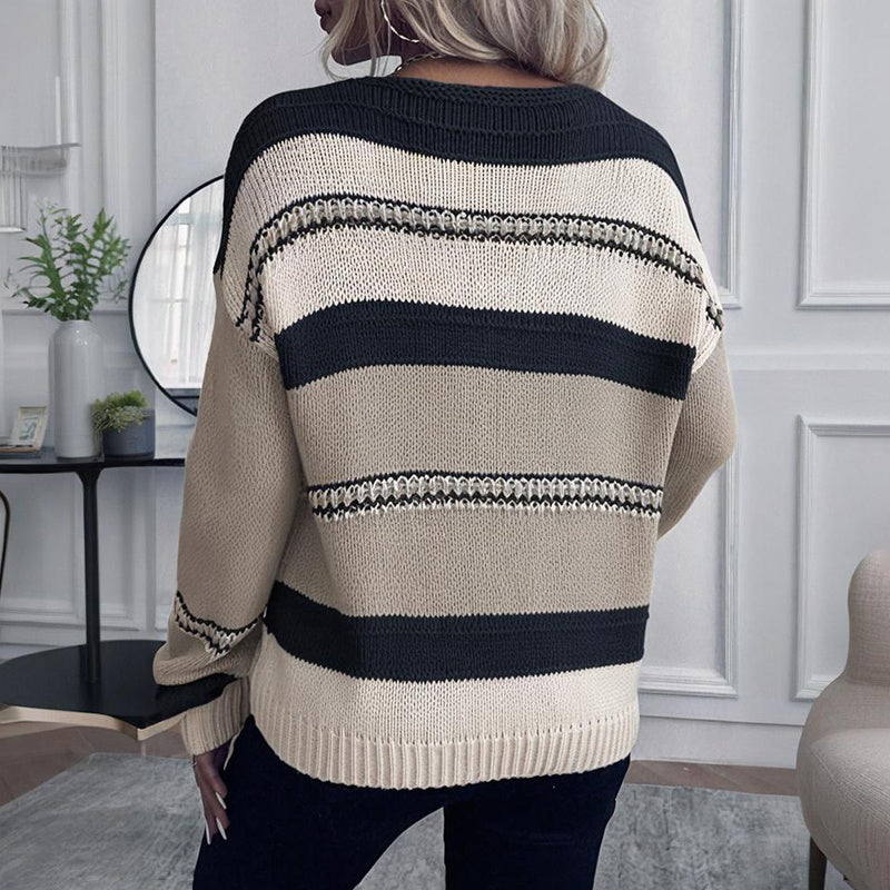 Women's French Vintage Striped Sweater | V-Neck Long Sleeve Stretch Knit FitiqueFit