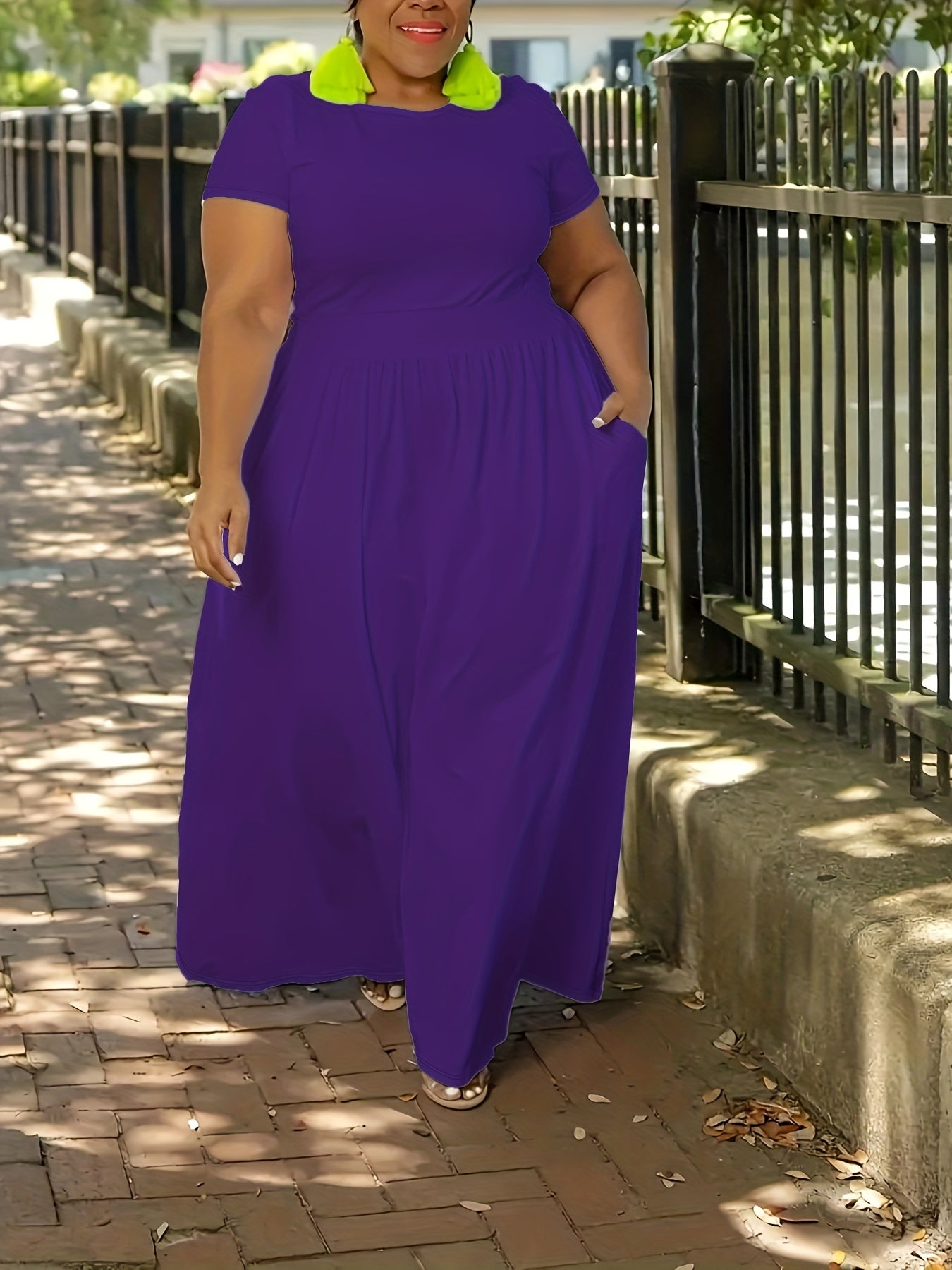 Plus Size Solid Short Sleeve Maxi Dress, Women's Plus Medium Stretch Elegant Long Dress NovaCart