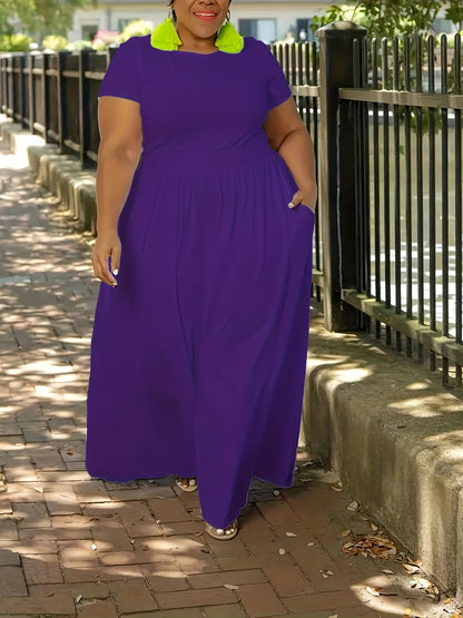 Plus Size Solid Short Sleeve Maxi Dress, Women's Plus Medium Stretch Elegant Long Dress NovaCart