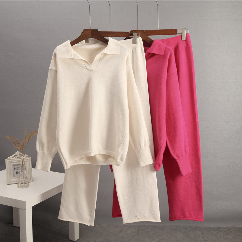 Solid Color Lapel Sweater Set for Women FitiqueFit
