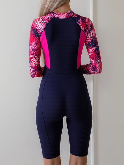 Colorblock Long Sleeves One-Piece Swimsuit Women, Zip Front Rash Guard Round Neck Tummy Control Bathing Suit, Women's Swimwear & Clothing NovaCart