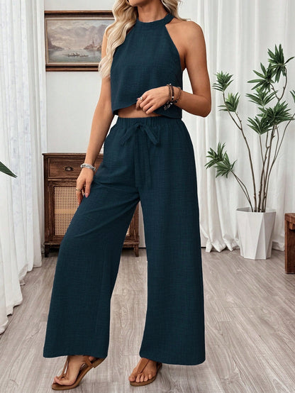 Women's Halter Neck Cropped Top & Wide-Leg Pants Two-Piece Set FitiqueFit