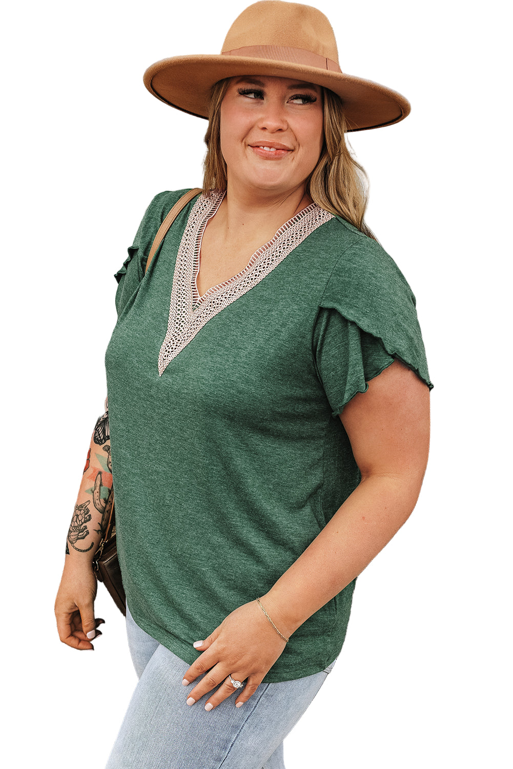 Blackish Green Plus Size Contrast V Neck Draped Sleeve Blouse Garden Naked Curves