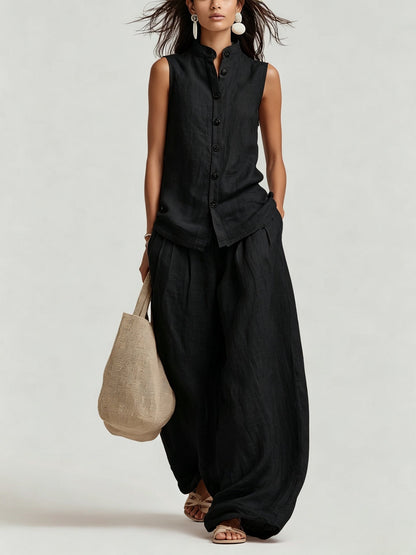 Women's Cotton-Linen Sleeveless Crewneck Vest & Pants Set FitiqueFit