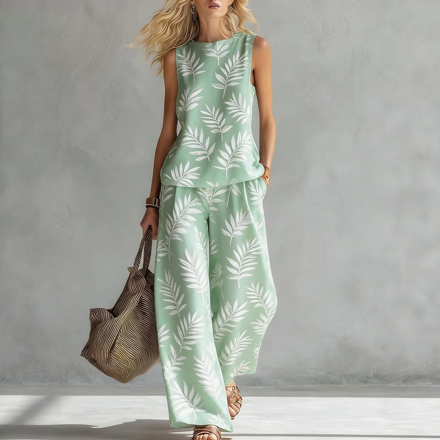 Women's Sleeveless Printed Tank Top & Wide-Leg Pants Two-Piece Set FitiqueFit