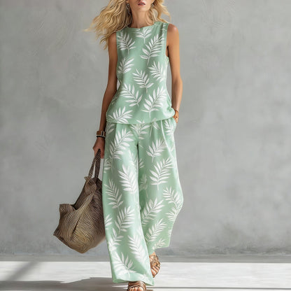 Women's Sleeveless Printed Tank Top & Wide-Leg Pants Two-Piece Set FitiqueFit