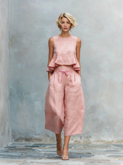 Women’s Linen-Blend Sleeveless Two Piece Set with Ruffled Detailing FitiqueFit