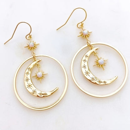 Elegant Boho-Chic Golden-Tone Moonstone Dangle Earrings for Women - Crescent Moon with Star Motifs, Zinc Alloy, Perfect for Daily Wear & Parties, Moon Earrings NovaCart