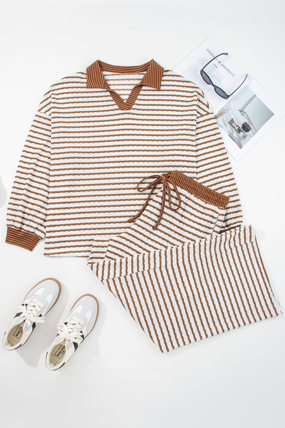 Khaki Stripe Plus Size Collared V Neck Loose Pullover Drawstring Elastic Waist Wide Leg Pant Set Garden Naked Curves