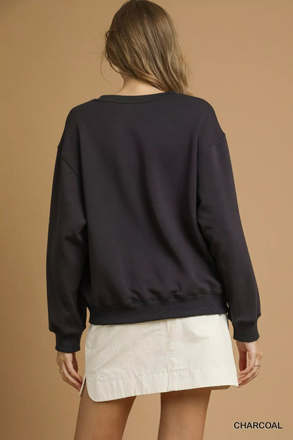 Umgee Round Neck Long Sleeve Fleece Sweatshirt West2East Surf