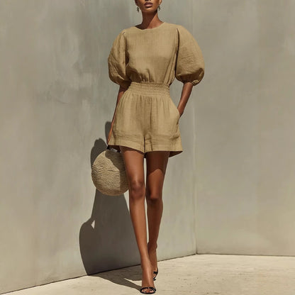 Women's Puff-Sleeve Top & Cropped Shorts Set – Casual Chic FitiqueFit