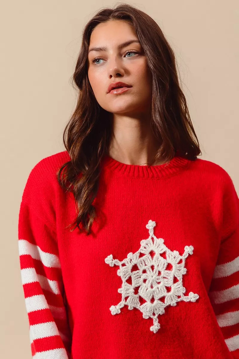 SO ME Christmas Snowflake Crochet Embellished Sweater West2East Surf