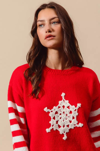 SO ME Christmas Snowflake Crochet Embellished Sweater West2East Surf