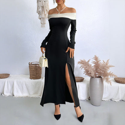 Female One Shoulder Patchwork Slim Long Dress Grayceful LLC