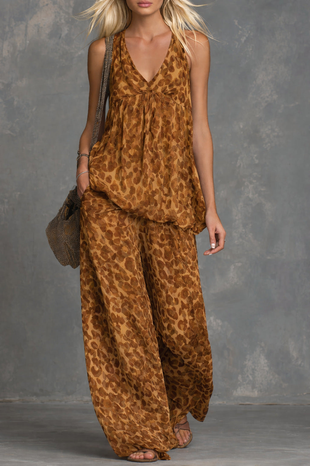 Women’s Leopard Print Sleeveless Top and Chiffon Pants Set FitiqueFit