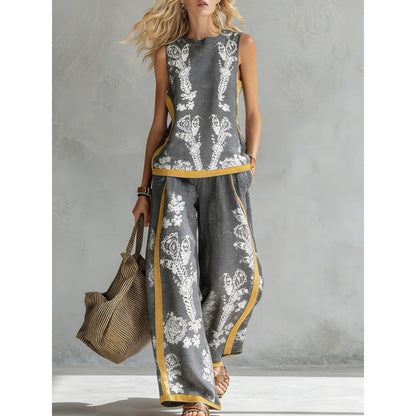 Printed Retro Sleeveless Top & Wide-Leg Pants Set | 12 Prints S–5XL FitiqueFit