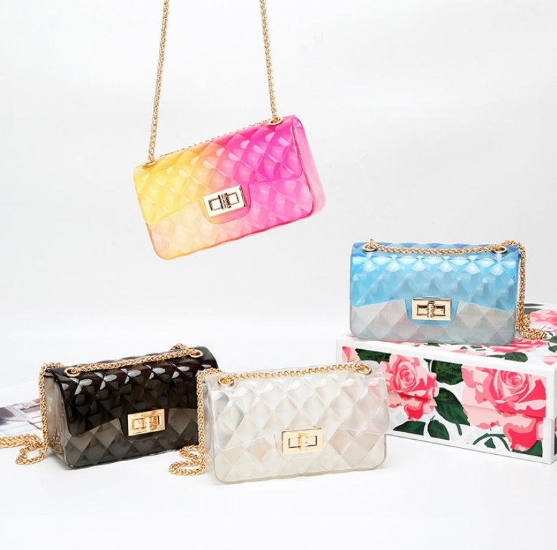Ins super fire transparent mini bag female summer new jelly chain bag gradient wild Messenger bag See size chart under “more details” The Fashion Celestial