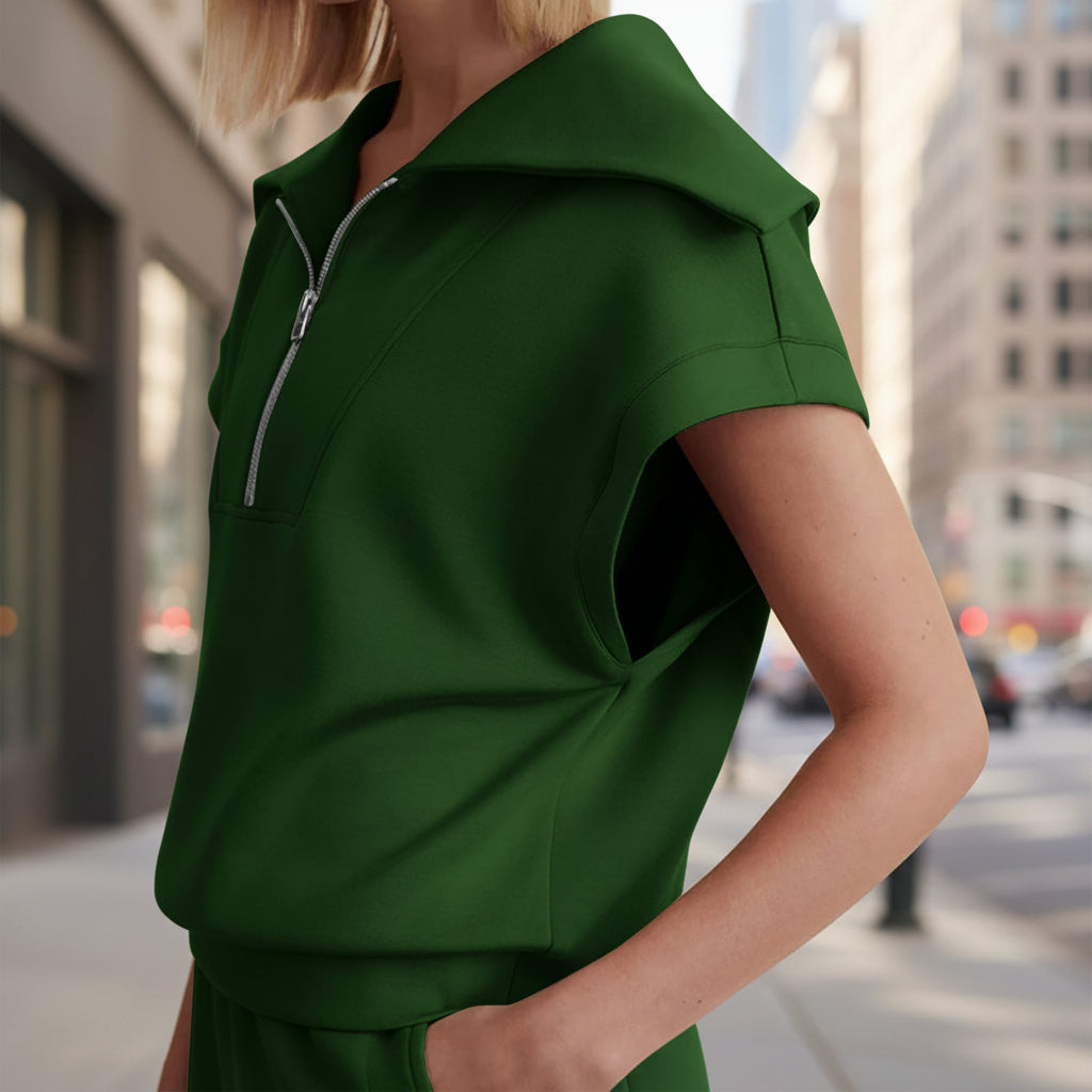 Half-Zip Lapel Sweatshirt & Shorts Two-Piece Set | 6 Colors FitiqueFit