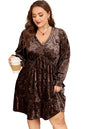 Coffee Plus Size Velvet Babydoll Mini Dress with Puff Sleeve Garden Naked Curves