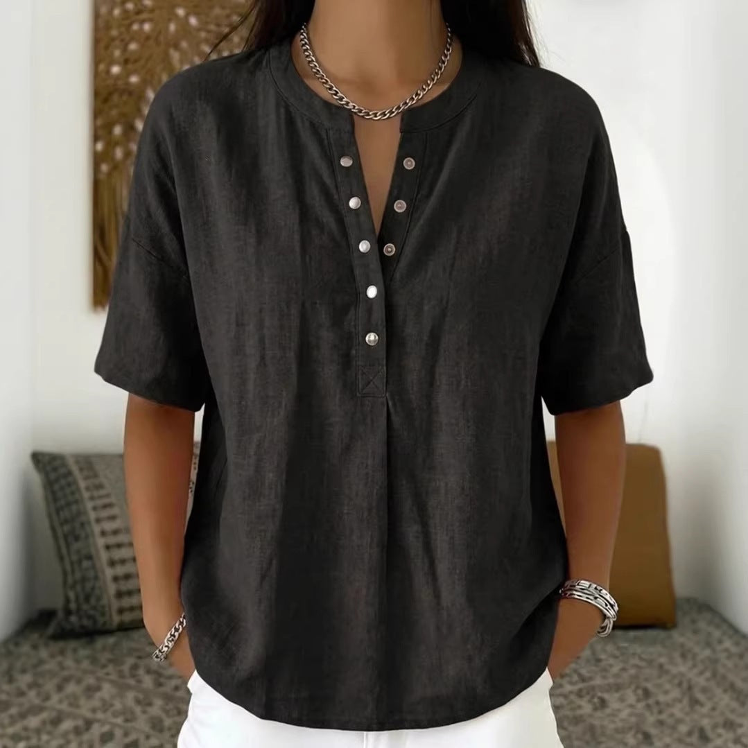 Women's Solid Color Loose-Fit Short-Sleeve Pullover Top FitiqueFit