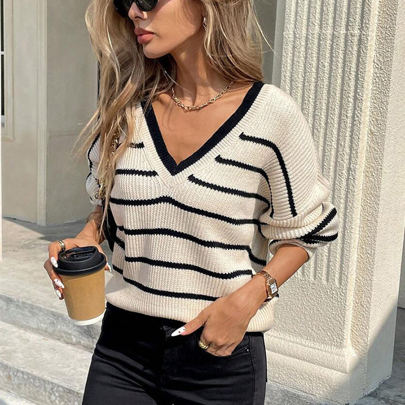 Women’s Striped V-Neck Sweater with Back Bow FitiqueFit