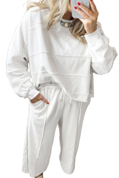 White Textured Raw Seam Plus Size Pullover Top and Drawstring Pants Set Garden Naked Curves