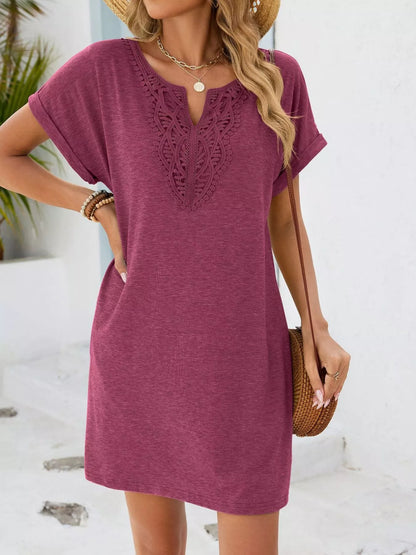 Lace Trim Notched Short Sleeve Dress New Era Fashion LLc