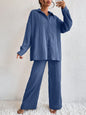 Women's Pleated Long Sleeve Lapel Two-Piece Set – Loose Top & Pants FitiqueFit