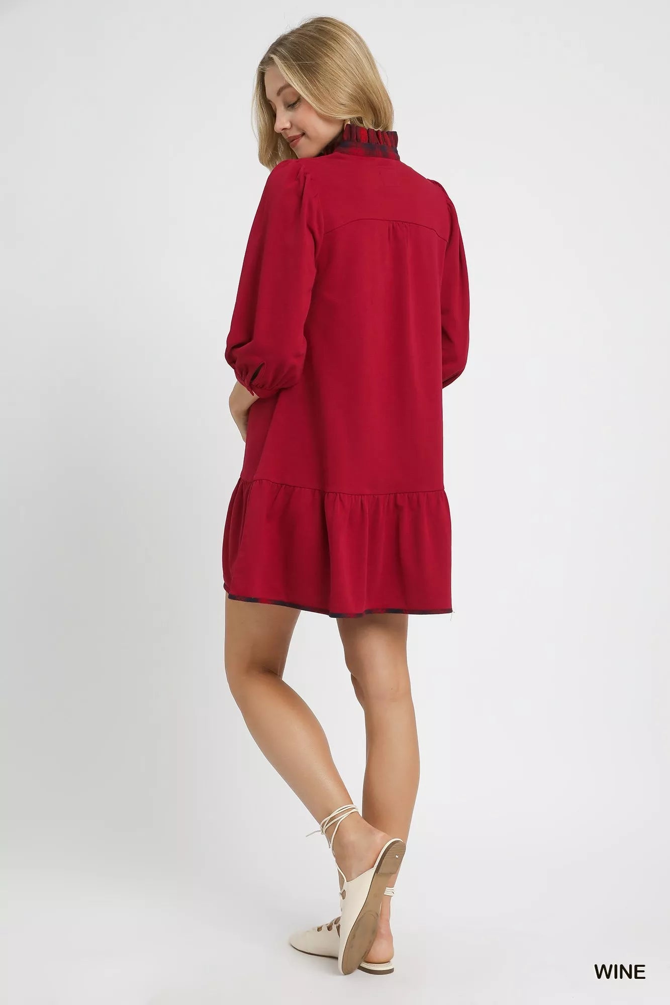 Umgee French Terry Ruffle Hem Dress with Plaid Trim West2East Surf