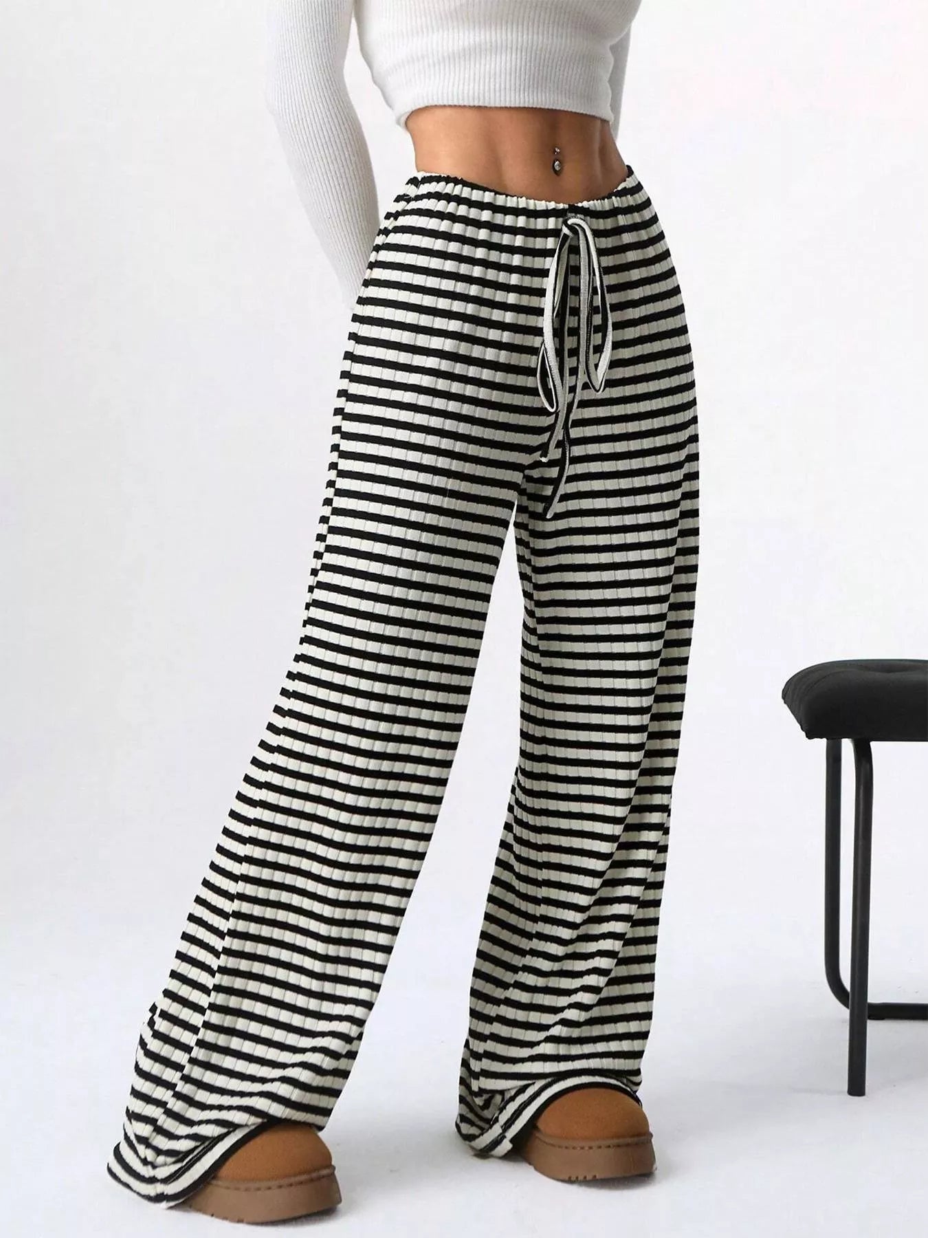Striped Ribbed Knit Drawstring Waist Wide Leg Pants New Era Fashion LLc