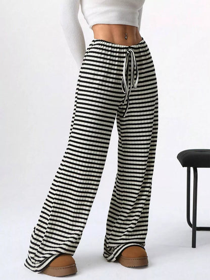 Striped Ribbed Knit Drawstring Waist Wide Leg Pants New Era Fashion LLc