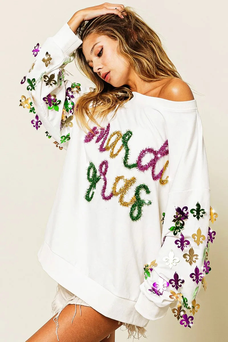 BiBi Fleur De Lis Sleeve Mardi Gras Pullover FitiqueFit