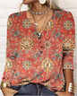 Women's Ethnic Print V-Neck Long Sleeve Loose T-Shirt FitiqueFit