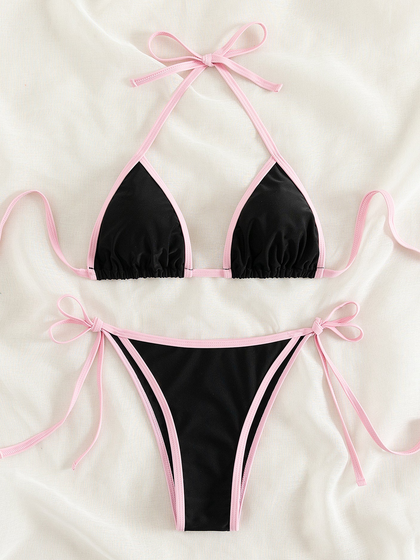 Contrast Trim Tie Side 2 Piece Bikini Swimsuit, Triangle Halter Tie Back Neck Stretchy Beachwear, Cute & Sexy, Women's Swimwear & Clothing NovaCart