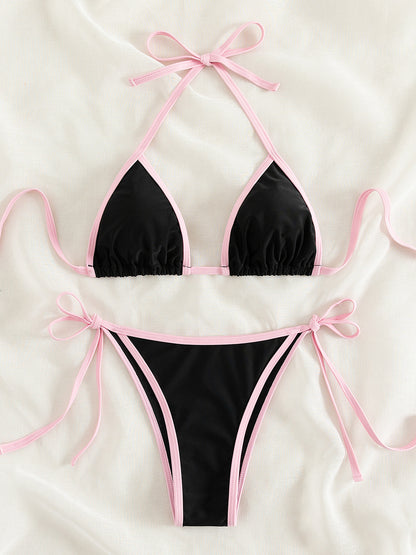 Contrast Trim Tie Side 2 Piece Bikini Swimsuit, Triangle Halter Tie Back Neck Stretchy Beachwear, Cute & Sexy, Women's Swimwear & Clothing NovaCart