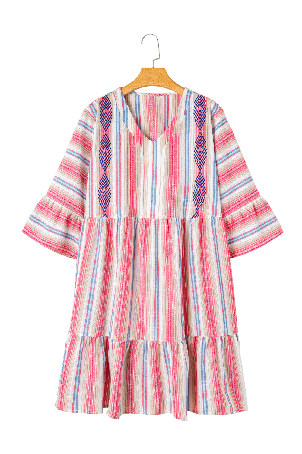 White Stripe Plus Size Embroidered Detail Flared 3/4 Sleeve V Neck Dress Garden Naked Curves