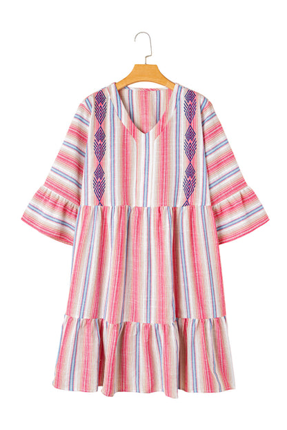White Stripe Plus Size Embroidered Detail Flared 3/4 Sleeve V Neck Dress Garden Naked Curves