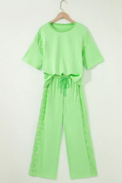 Lace Patchwork Half Sleeve Top Elastic Waist Pants Two Piece Set New Era Fashion LLc