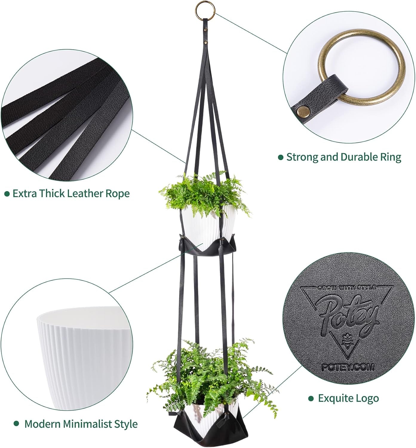 Leather Plant Hanger with Pot Included - Hanging Planters Basket with Plastic Planter 6'' (1 Adjustable Plant Hangers and 2 Pots) Hanging Plant Holder for Home Decor 42'',Black
