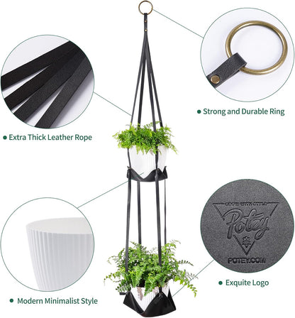 Leather Plant Hanger with Pot Included - Hanging Planters Basket with Plastic Planter 6'' (1 Adjustable Plant Hangers and 2 Pots) Hanging Plant Holder for Home Decor 42'',Black