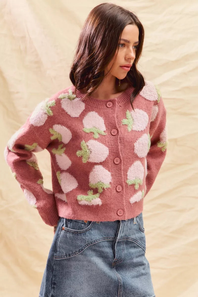 SO ME Strawberry Fruit All Over Button Sweater Cardigan FitiqueFit
